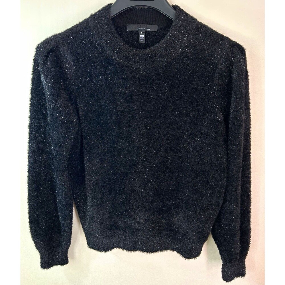 White House Black Market Women's Black Metallic Knit Crewneck Pullover Sweater L